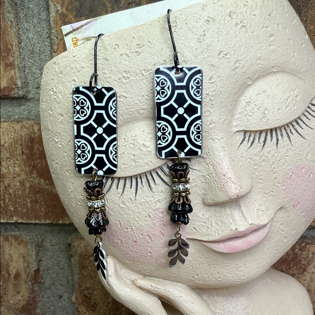 Black And White Geometric Vintage Tin  Glass Dangle Earrings